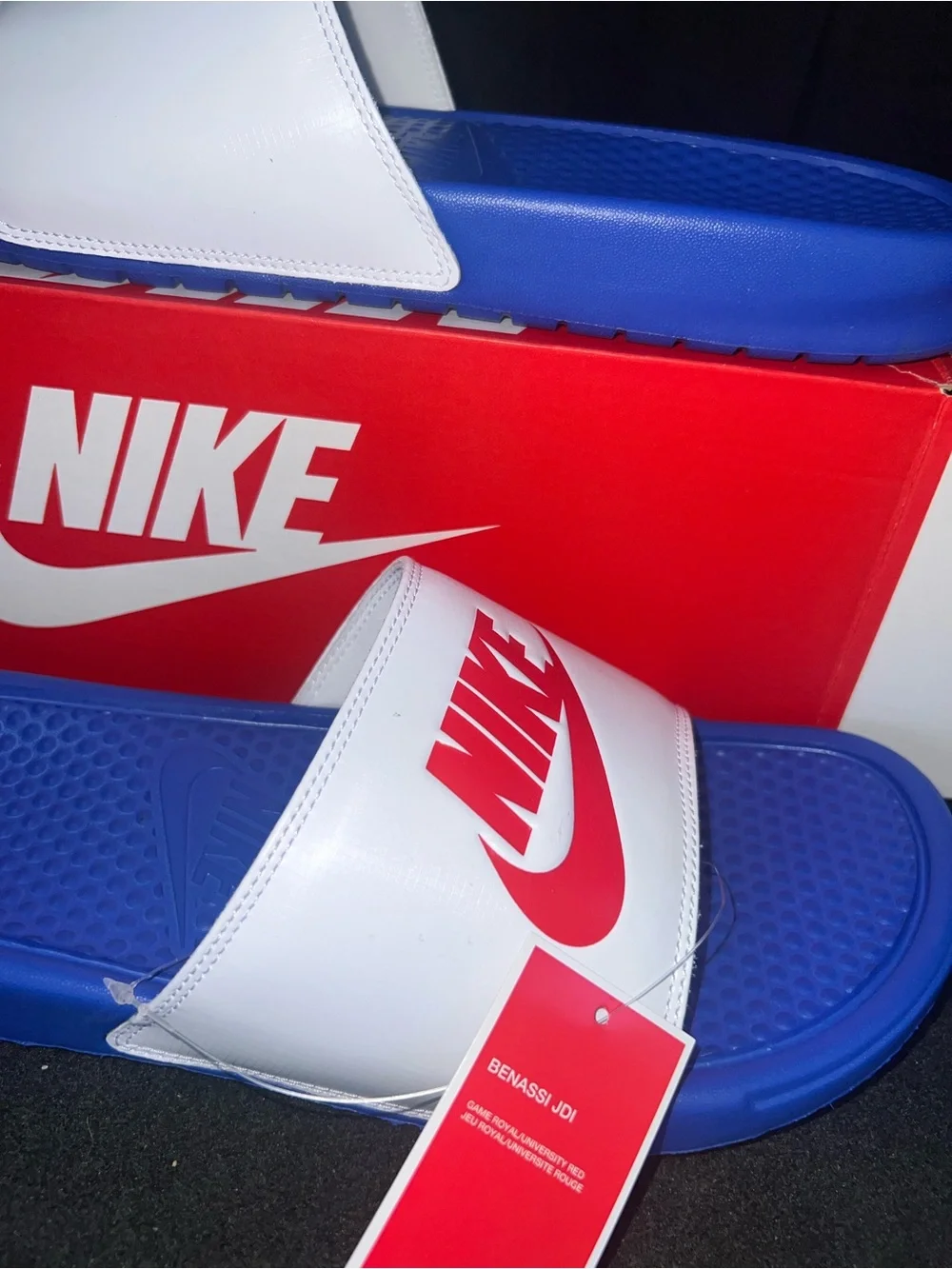 New Nike Benassi JDI Game Royal/White Men's Slides Sandals 343880-410 Size 14